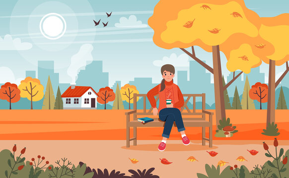 Woman in autumn, sitting on a bench in park with landscape. illustration in flat style