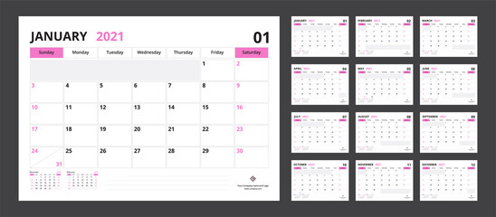 2021 calendar planner set for template corporate design week start on Sunday.