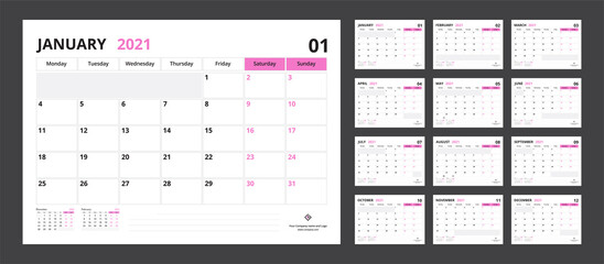 2021 calendar planner set for template corporate design week start on Monday.
