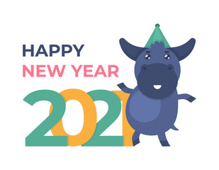 illustration of a chibi buffalo dancing next to the numbers 2021 and wearing a birthday hat. happy buffalo character. celebrating the festival. happy new year 2021. flat design. calendar element