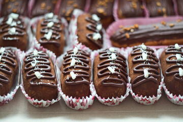Traditional Russian biscuit cake potato - kartoshka - cake and cream rolled into small potato shape cakes, and then dipped in chocolate coating