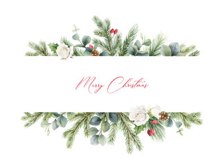 Fototapeta na wymiar Watercolor vector Christmas banner with fir branches, rose and eucalyptus.