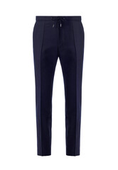 Dark blue classic trousers with laces. Front view