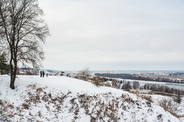 Winter monochrome landscape: white snow field and river