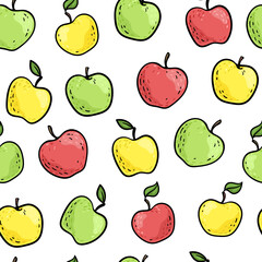 Seamless doodle pattern with cute doodle green, red, yellow apples with black outline on white background. Hand drawn trendy background. design greeting cards, invitations, fabric and textile