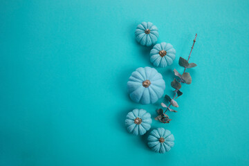Flat lay autumn composition. Frame made of aqua colour pumpkins and dried leaves. Harvest thanksgiving halloween