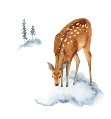 Watercolor vector Christmas card with deer and landscape.