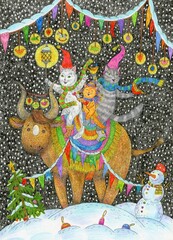 The symbol of the year is the bull and funny cats. Vivid painting with colored pencils and ink. Cute illustration for the decor and design of posters, postcards, prints, stickers, invitations, textile