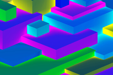Abstract geometric cubic colorful  in neon lights background. isometric 3d render.