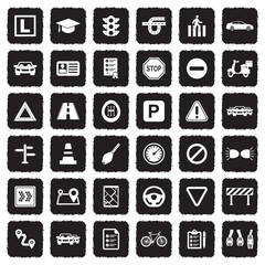 Driving School Icons. Grunge Black Flat Design. Vector Illustration.