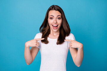 Photo of positive astonished girl impressed incredible news she choose solution point herself...