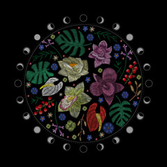 traditional classical folk floral embroidery. Vector illustration set of moon phases. Different stages of moonlight activity in vintage engraving style. Zodiac Signs