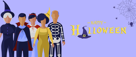 A vector illustration of 5 people with halloween costume, halloween party banner.