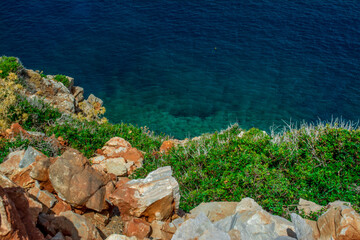 Beautiful Summer Landscape mountains, blue sea, green trees. Greece, nature.Beautiful day, blue sky