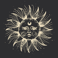 Vintage retro vintage engraving style. the sun, moon phases, crystals, magic symbols. print in the interior and design. vector graphics