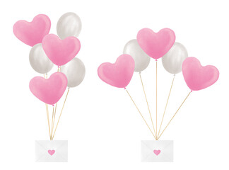 ハートの風船とラブレターのイラストセット