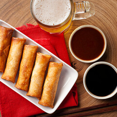 .Fried spring rolls. Traditional asian food. Top view