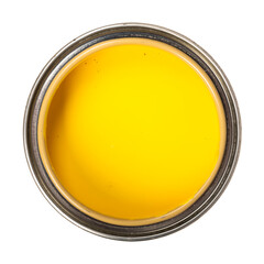 Open paint can on white background, top view