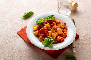 Close up of vegan pasta in white plate