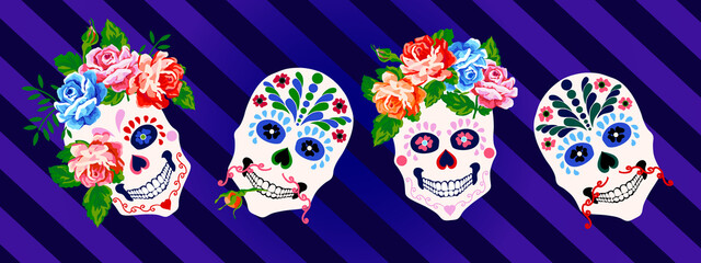 Day of the dead, Halloween, Dia de los muertos horizontal banner floral colorful skull, pattern design background