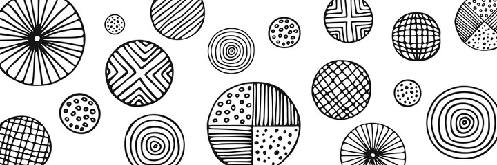 Abstract vector background, banner. Circles of different sizes and textures. Hand drawing, grayscale.