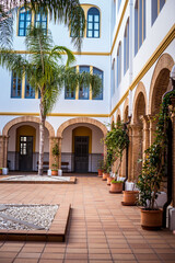 courtyard with arches and palm trees in a Spanish castle. architecture of Spain