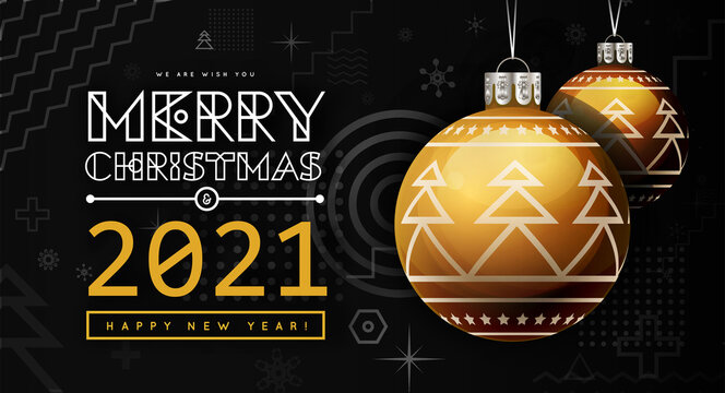 Congratulations on New Year 2020 and Christmas with golden Christmas balls with a trendy design on the background. Memphis geometric design elements. Vector illustration on black