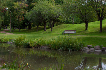 公園の池とベンチ