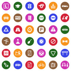 Driving School Icons. White Flat Design In Circle. Vector Illustration.