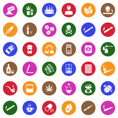Drugs Icons. White Flat Design In Circle. Vector Illustration.