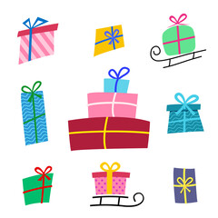 Big collections colorful gifts box. Present box icons in flat style, can be used for cards for Christmas or birthday. Sale, shopping concept.