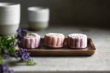 Pastel color Mooncake with Soybean paste and salted egg filling for Lantern festival or Mooncake festival
