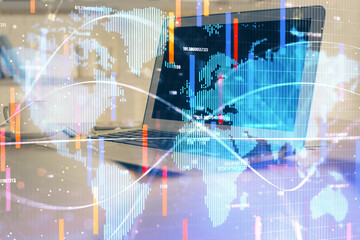 Multi exposure of business theme icons and work space with computer background. Concept of success.