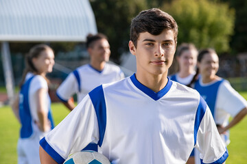 Proud soccer player with teammates in background