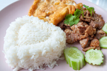 Fried Pork with Garlic Pepper Rice and Omelette, Popular Thai Food
