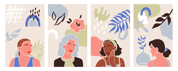 Modern abstract women portrait set for social media, smartphone wallpaper and greeting cards. Hand drawn vector illustration