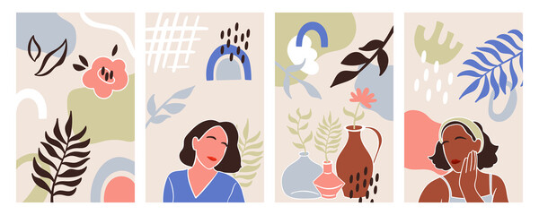 Modern abstract women portrait set for social media, smartphone wallpaper and greeting cards. Hand drawn vector illustration