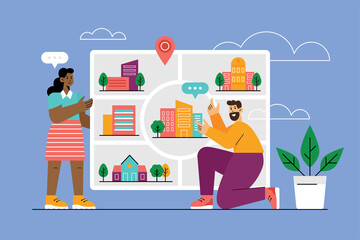 Naklejka premium Real estate business concept with agents presenting houses and apartments for exchange. Vector illustration