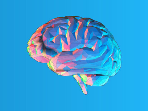 Low poly brain illustration isolated on blue BG