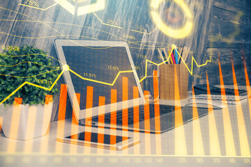 Multi exposure of forex chart and work space with computer. Concept of international online trading.
