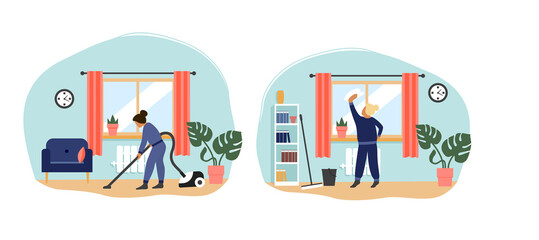 Set of vector illustrations on the theme of cleaning. Girl vacuuming the floor. Clean the floor, clean the apartment. Cleaning. Vacuum cleaner.The girl washes the window. 
