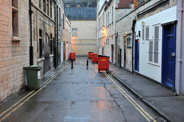 View of a dark alley in an inner city area