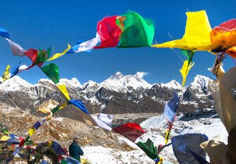 Mount Everest, Lhotse and Makalu with buddhist prayer flags