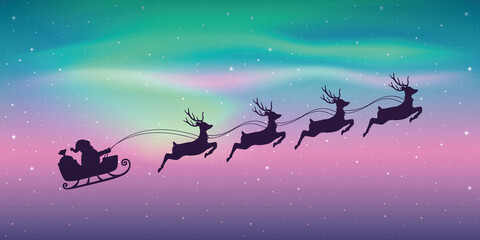 Obraz premium christmas banner santa claus in a sleigh with reindeer on polar light background vector illustration EPS10