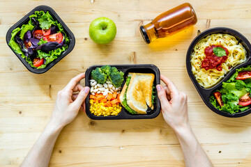 Lunch boxes with meal. Food delivery concept. Overhead view