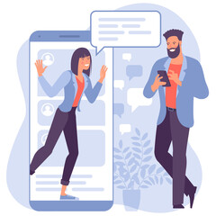 Young woman is chatting with young man with huge phone and speech bubbles on background. Dating app and virtual relationship. Trendy color vector illustration.