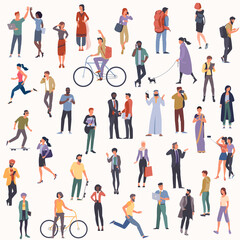 Fototapeta na wymiar Crowd of multicultural diverse people performing various activities. Group of male and female flat cartoon characters, european, indian, arab and africanisolated on white background.