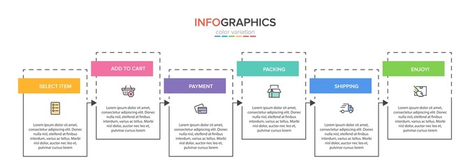 Concept of shopping process with 6 successive steps. Six colorful graphic elements. Timeline design for brochure, presentation, web site. Infographic design layout.