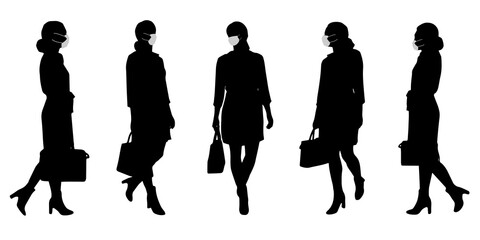 Vector concept conceptual  silhouette women working while social distancing as means of prevention and protection against coronavirus contamination. A metaphor for the new normal.