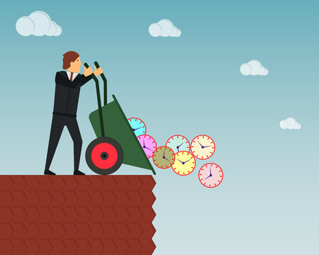 Wasted time business concept. A businessman throws many round mechanical clocks into the abyss. Vector illustration.